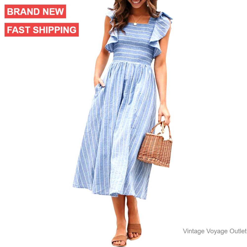 Summer Midi Dress With Pockets, Flutter Sleeves, Smocked Waist, Cotton Linen